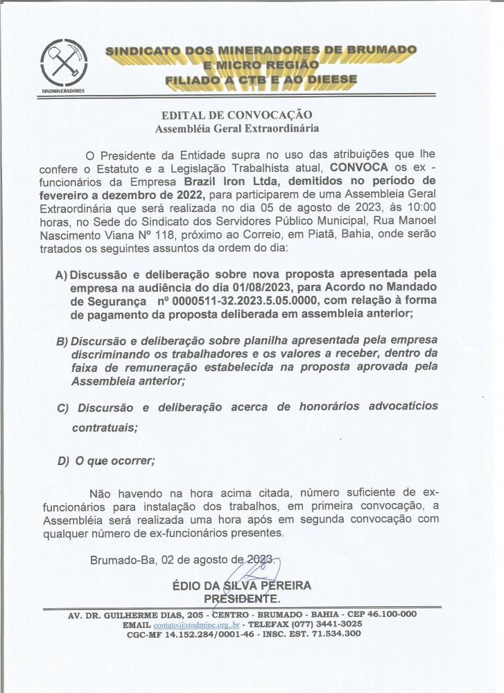 Edital de Convocação - Assembléia Geral Extraordinária - Brazil Iron LTDA