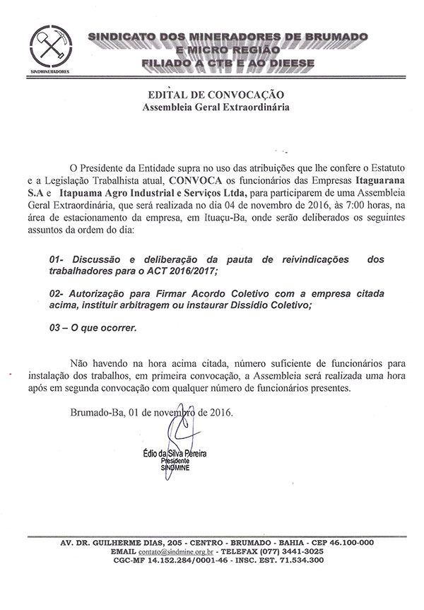 Edital de Convocação - Assembléia Geral Extraordinária - Itaquarana S.A e Itapoama Agroindustrial e Serviços LTDA