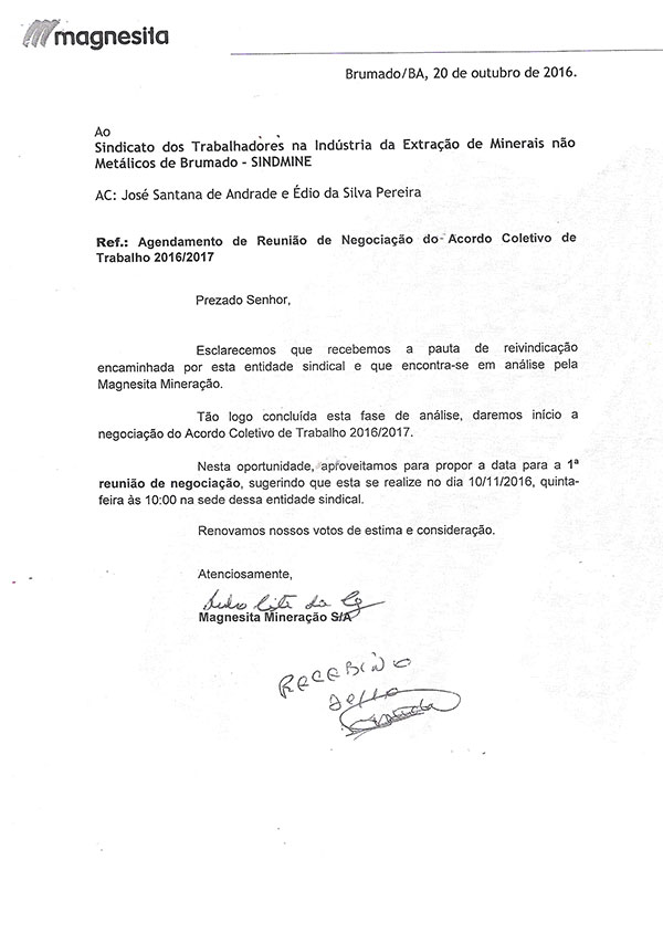 Magnesita Mineração S/A - Agendamento de reunião de negociação do acordo coletivo de trabalho 2016/2017