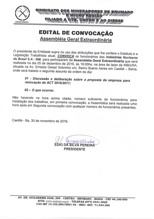 Edital de Convocação - Assembléia Geral Extraordinária - Indústria Nucleares do Brasil S.A - INB