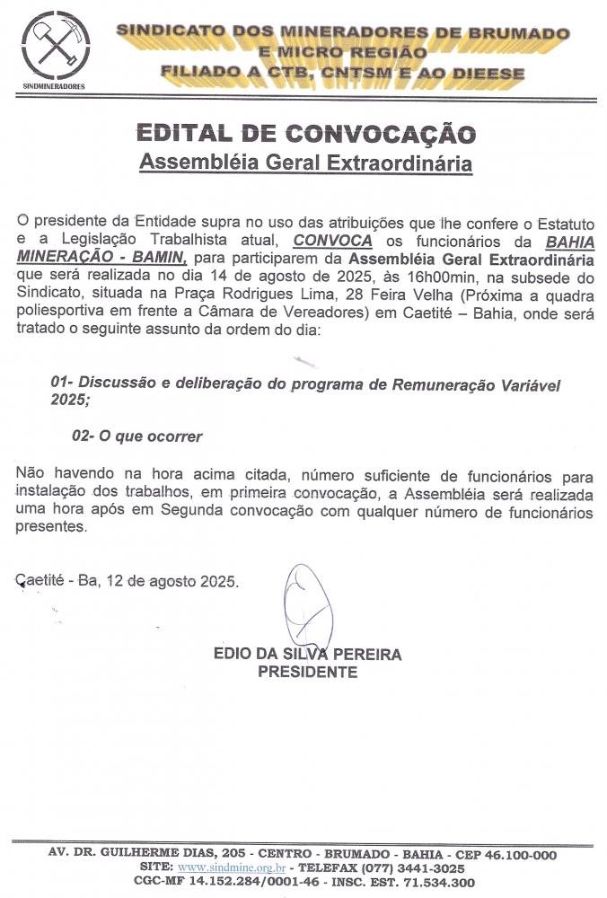 Edital de Convocação - Assembléia Geral Extraordinária - Bahia Mineração - BAMIN