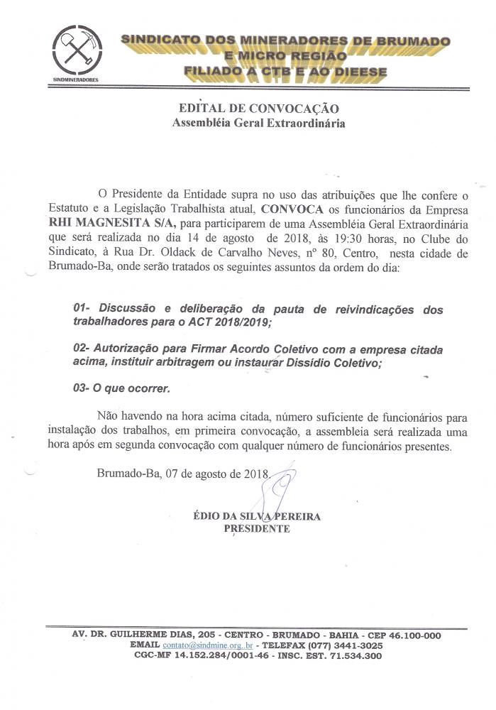 Edital de Convocação - Assembléia Geral Extraordinária - RHI Magnesita S/A