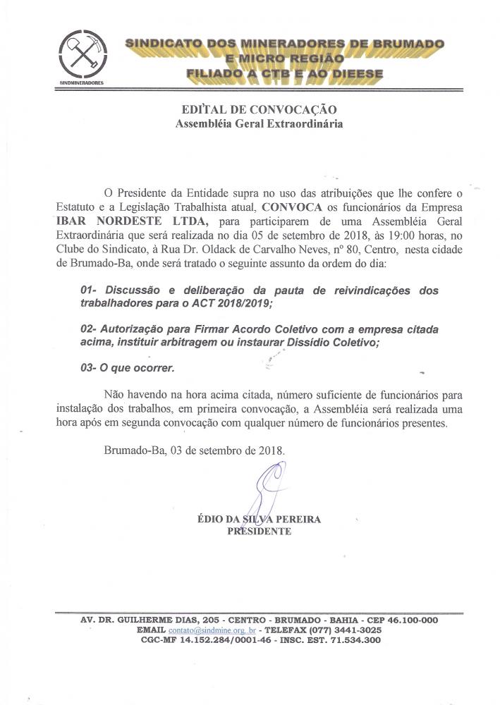 Edital de Convocação - Assembléia Geral Extraordinária - Ibar Nordeste LTDA