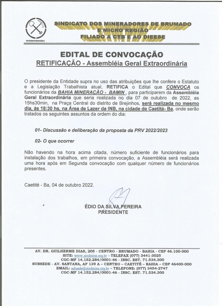 Edital de Convocação - Assembléia Geral Extraordinária - Bahia Mineração - BAMIN