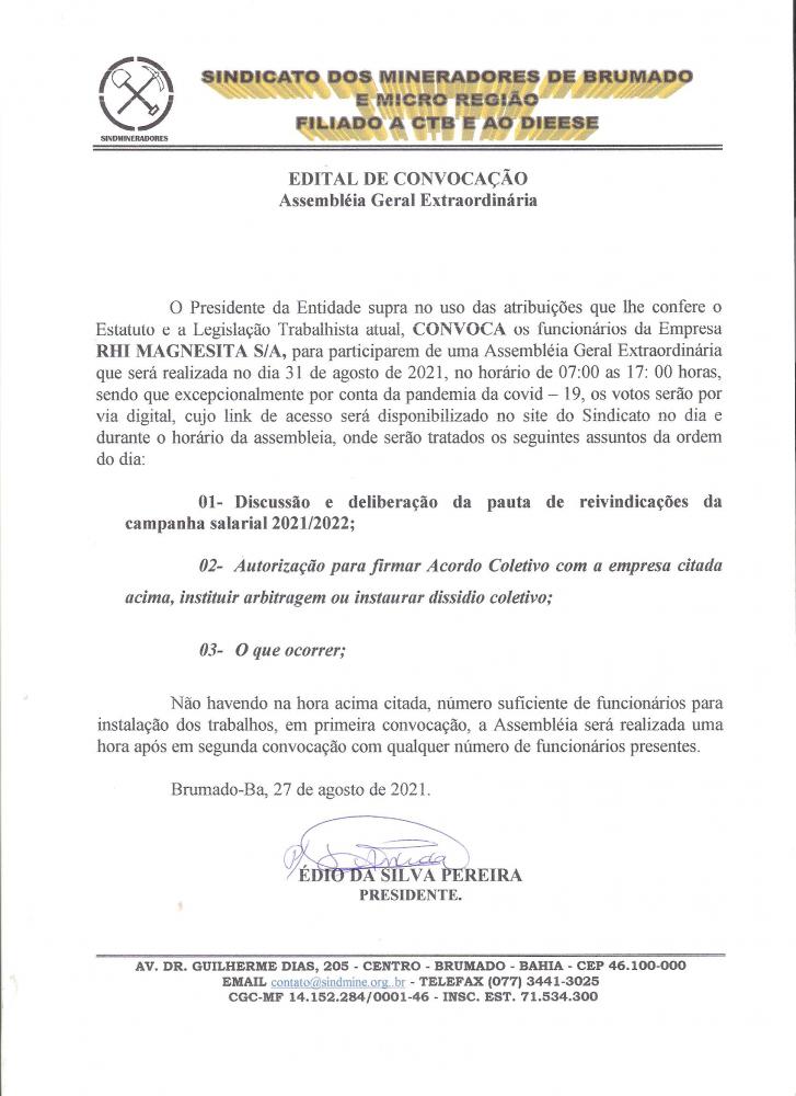 Edital de Convocação - Assembléia Geral Extraordinária - RHI Magnesita S/A	