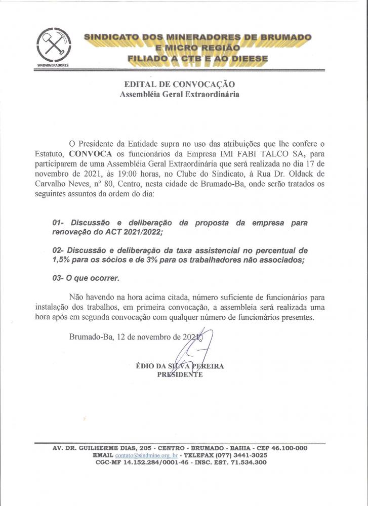 Edital de Convocação - Assembléia Geral Extraordinária - IMI Fabi Talco S/A	
