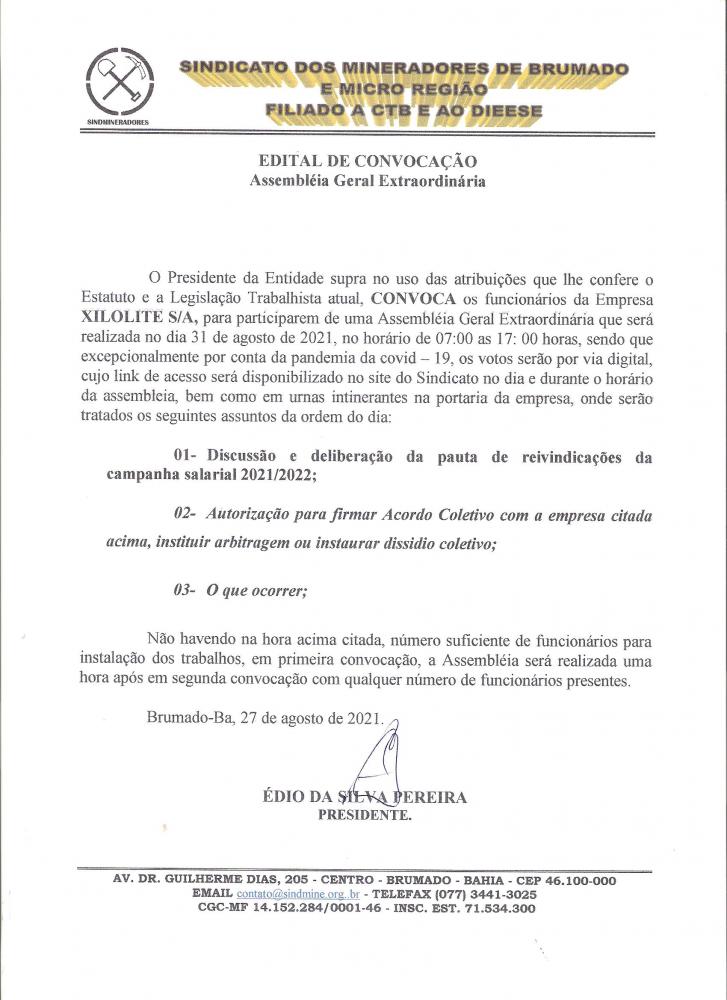 Edital de Convocação - Assembléia Geral Extraordinária - Xilolite S/A