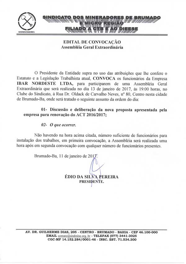 Edital de Convocação - Assembléia Geral Extraordinária - Ibar Nordeste LTDA