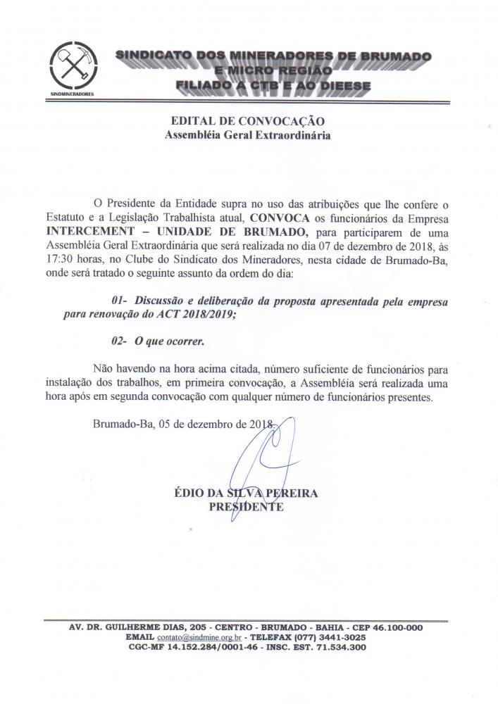 Edital de Convocação - Assembléia Geral Extraordinária - INTERCEMENT - Unidade de Brumado