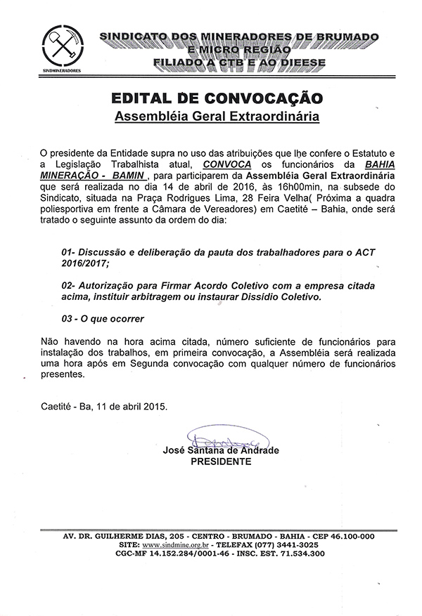 Edital de Convocação - Assembléia Geral Extraordinária - Bahia Mineração - BAMIN