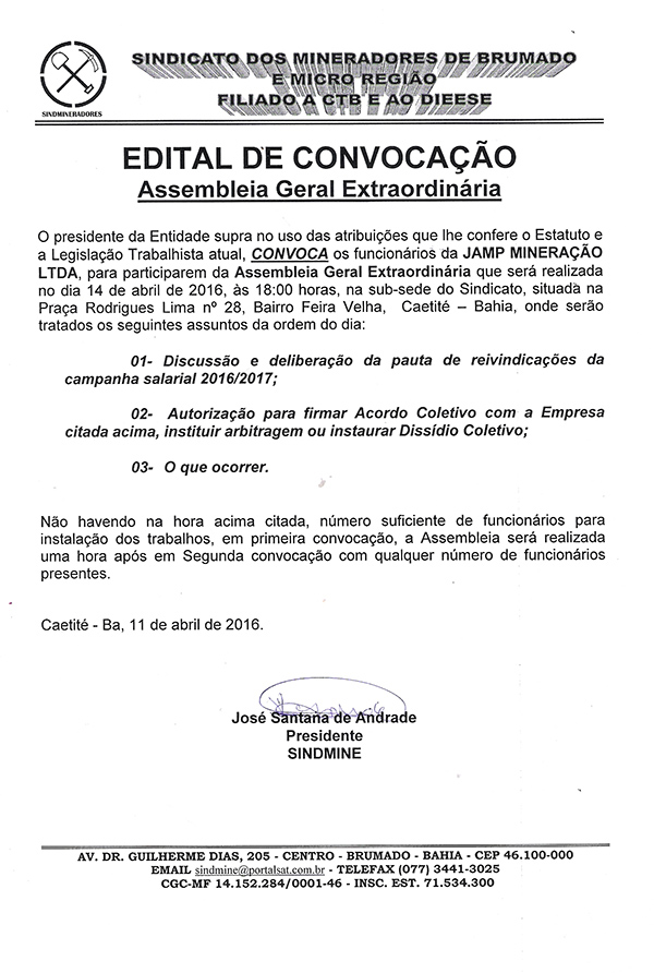Edital de Convocação - Assembléia Geral Extraordinária - Jamp Mineração LTDA