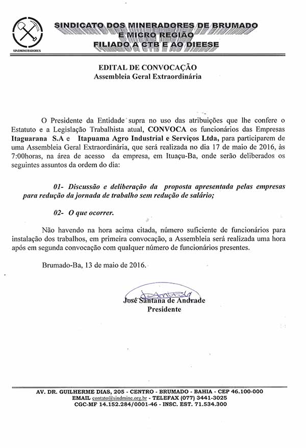 Edital de Convocação - Assembléia Geral Extraordinária - Itaquarana S.A e Itapoama Agroindustrial e Serviços LTDA
