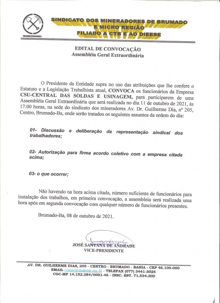 Edital de Convocação - Assembléia Geral Extraordinária - CSU - Central das Soldas e Usinagem