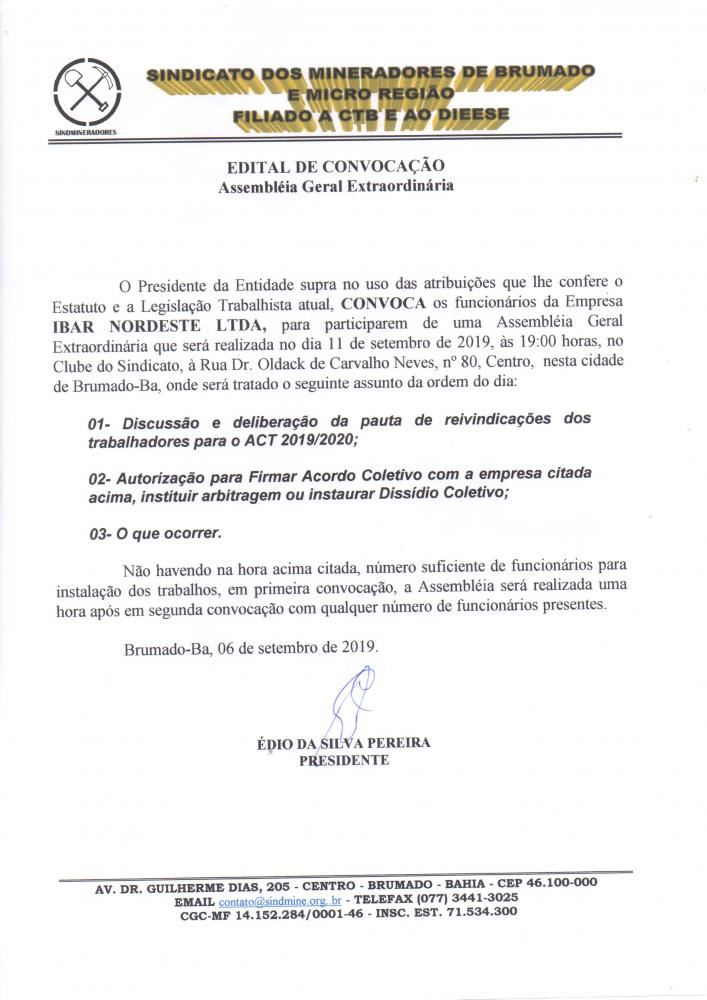 Edital de Convocação - Assembléia Geral Extraordinária - Ibar Nordeste LTDA