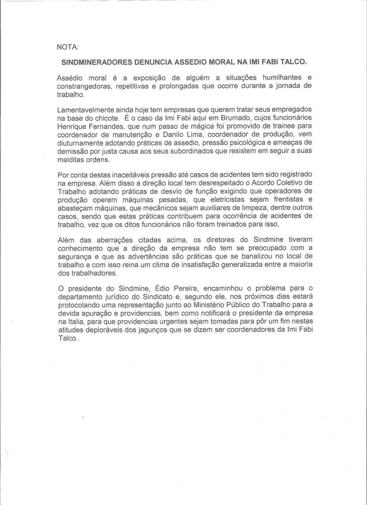 Nota: Sindmineradores denuncia assédio moral na IMI Fabi Talco