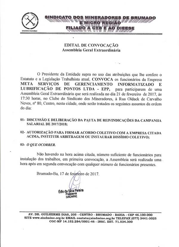 Edital de Convocação - Assembléia Geral Extraordinária - Meta Serviços de Gerenciamento Informatizado e Lubrificação de Pontos LTDA - EPP