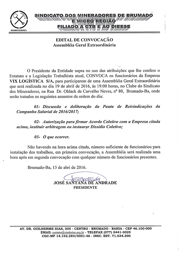 Edital de Convocação - Assembléia Geral Extraordinária - Vix Logística S/A