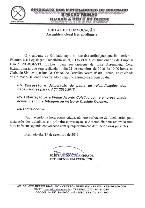 Edital de Convocação - Assembléia Geral Extraordinária - Ibar Nordeste LTDA