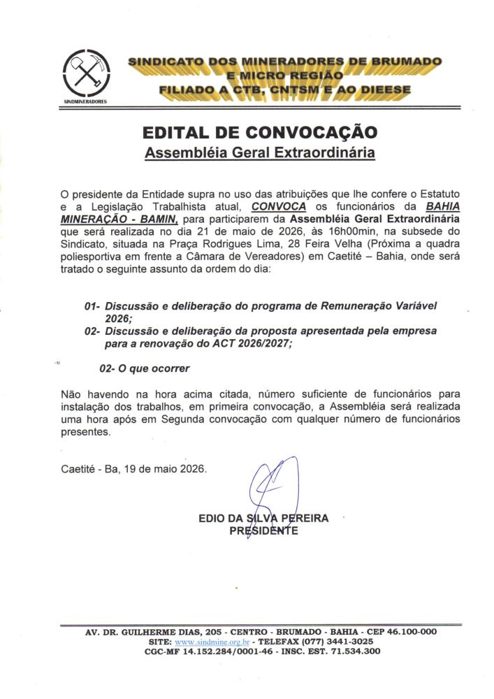 Edital de Convocação - Assembléia Geral Extraordinária - Bahia Mineração - BAMIN