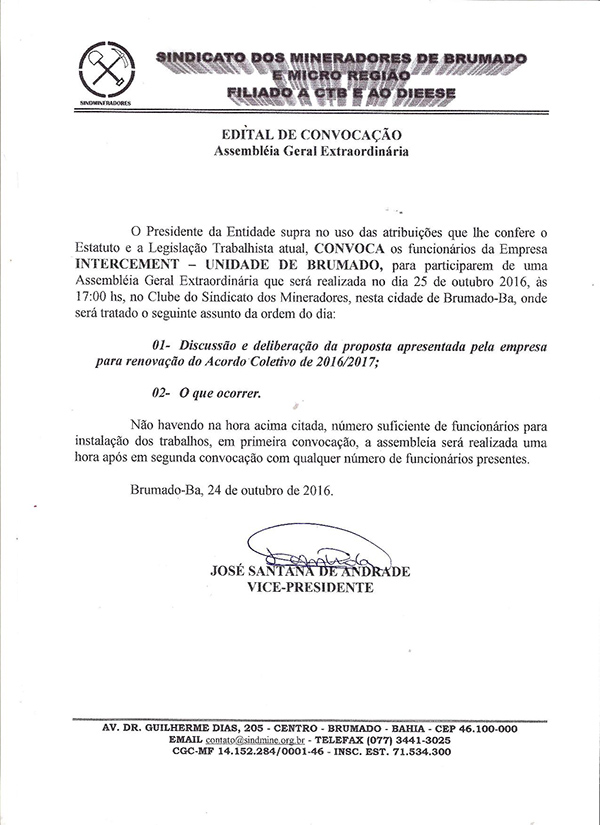  Edital de Convocação - Assembléia Geral Extraordinária - INTERCEMENT - Unidade de Brumado