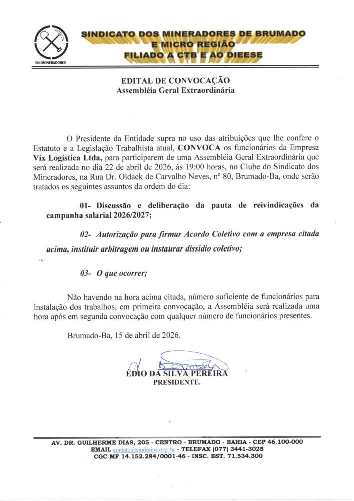 Edital de Convocação - Assembléia Geral Extraordinária - Vix Logística S/A