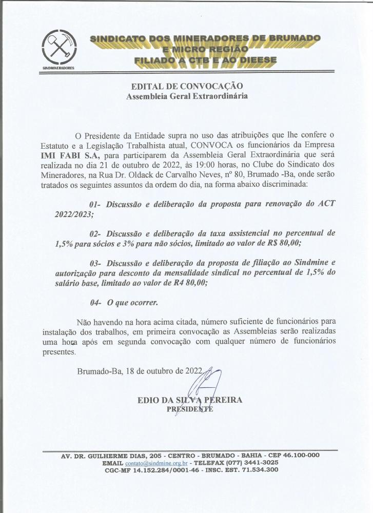 Edital de Convocação - Assembléia Geral Extraordinária - IMIFAB S.A