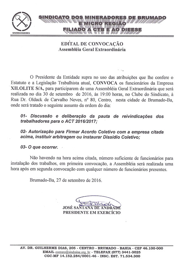 Edital de Convocação - Assembléia Geral Extraordinária - Xilolite S/A