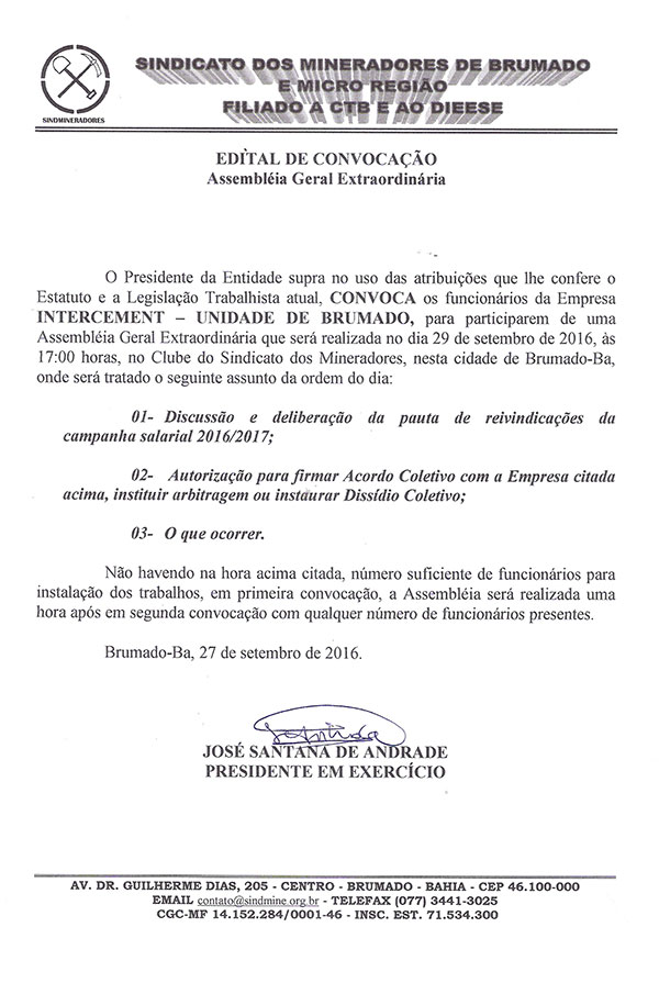 Edital de Convocação - Assembléia Geral Extraordinária - INTERCEMENT - Unidade de Brumado