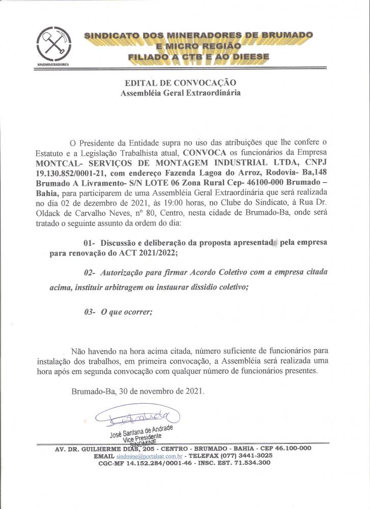 Edital de Convocação - Montcal - Serviços de montagem industrial LTDA	