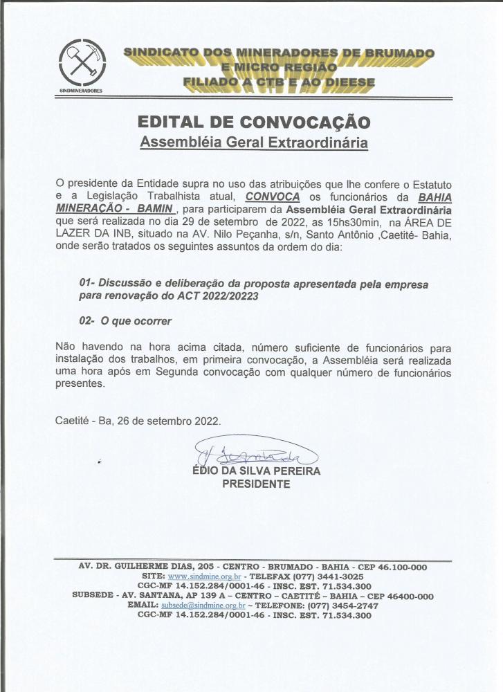 Edital de Convocação - Assembléia Geral Extraordinária - Bahia Mineração - BAMIN