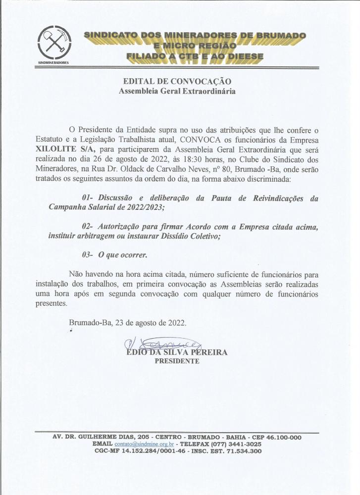 Edital de Convocação - Assembléia Geral Extraordinária - Xilolite S/A