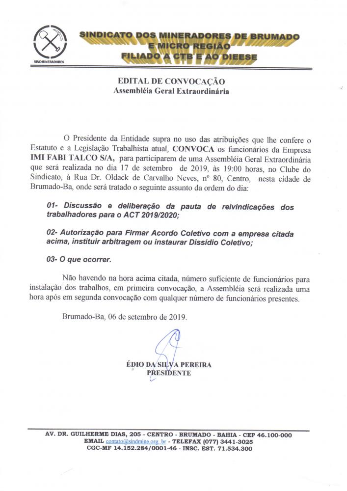 Edital de Convocação - Assembléia Geral Extraordinária - IMI Fabi Talco S/A