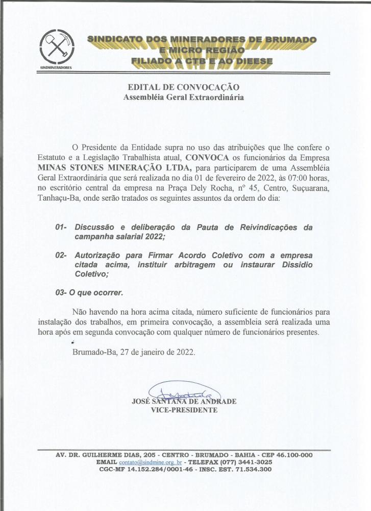 Edital de Convocação - Assembléia Geral Extraordinária - Minas Stones Mineração LTDA