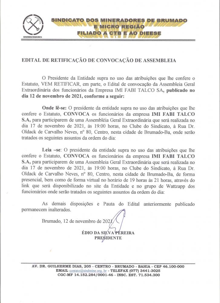 Edital de Convocação - Assembléia Geral Extraordinária - IMI Fabi Talco S/A