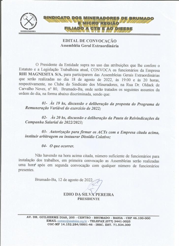 Edital de Convocação - Assembléia Geral Extraordinária - RHI Magnesita S/A
