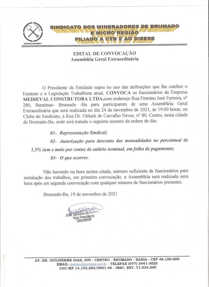 Edital de Convocação - Assembléia Geral Extraordinária - Medieval Construtora LTDA