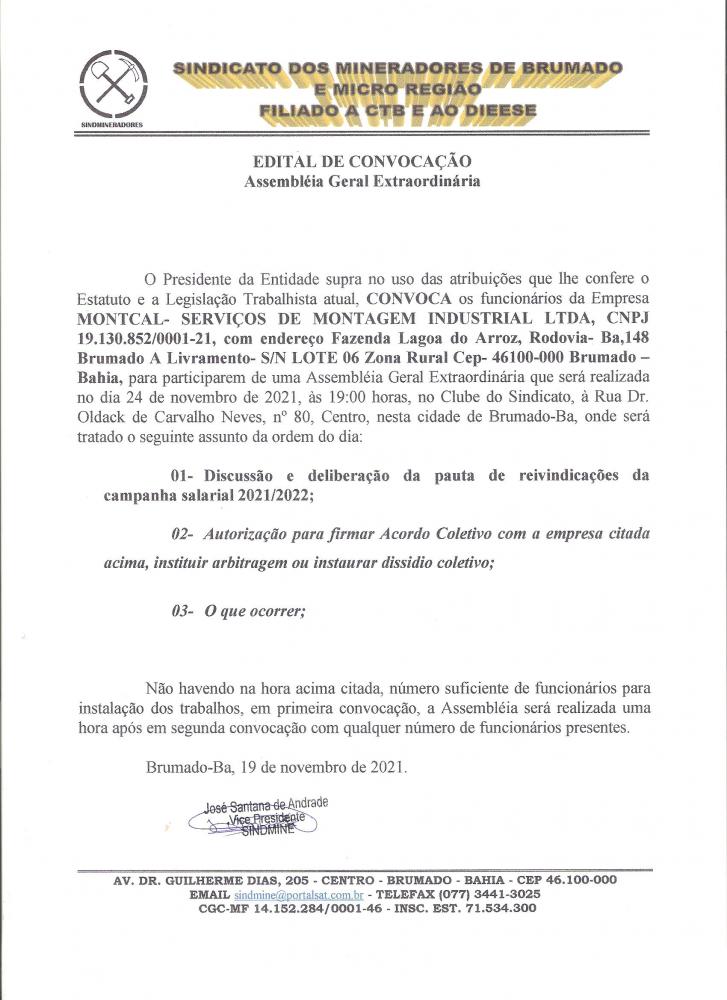 Edital de Convocação - Montcal - Serviços de montagem industrial LTDA