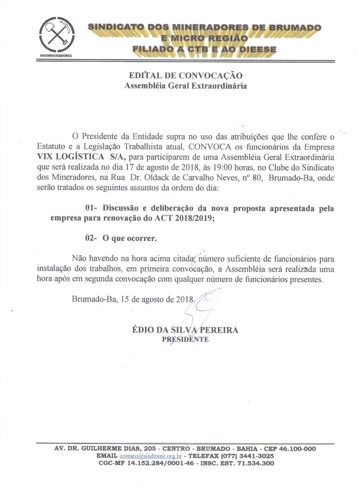 Edital de Convocação - Assembléia Geral Extraordinária - Vix Logística S/A
