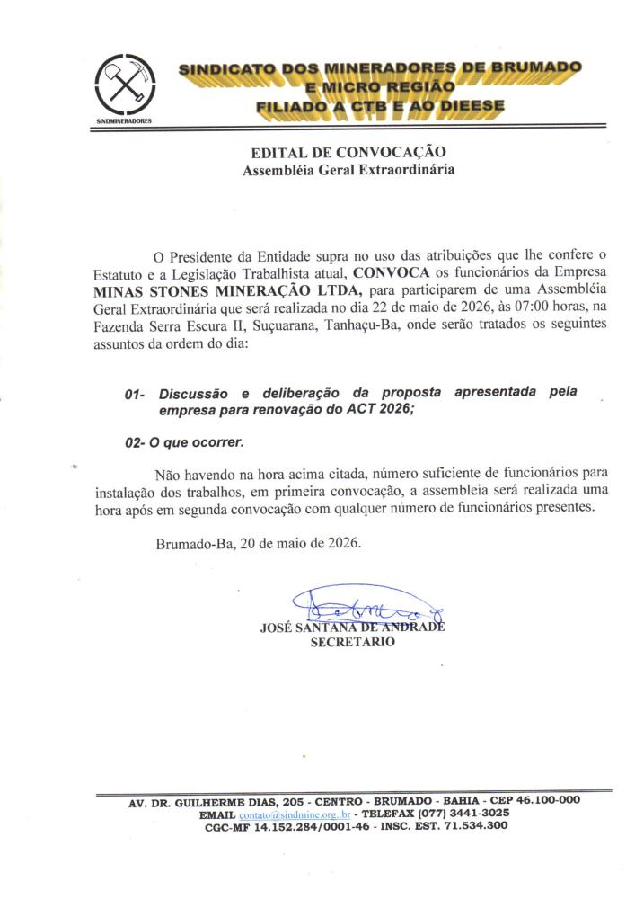 Edital de Convocação - Assembléia Geral Extraordinária - Bahia Mineração - BAMIN
