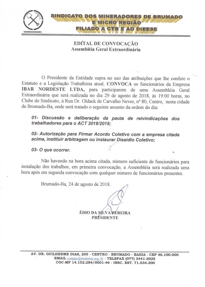 Edital de Convocação - Assembléia Geral Extraordinária - Ibar Nordeste LTDA