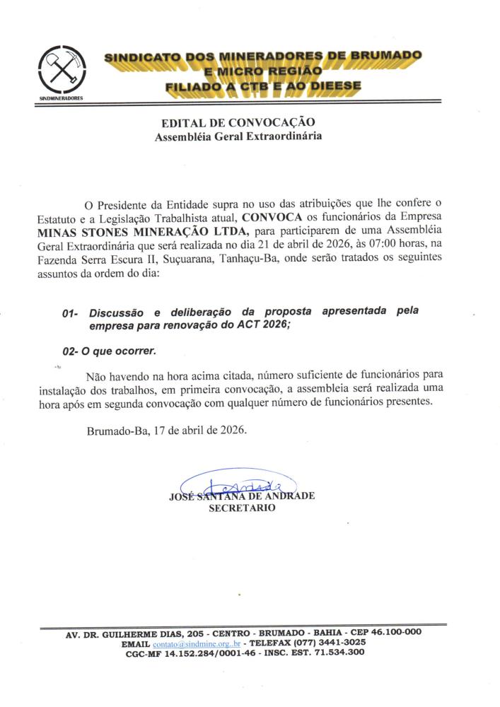 Edital de Convocação - Assembléia Geral Extraordinária - Minas Stone Mineração LTDA