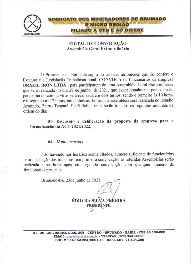 Edital de Convocação - Assembléia Geral Extraordinária - Brasil Iron LTDA