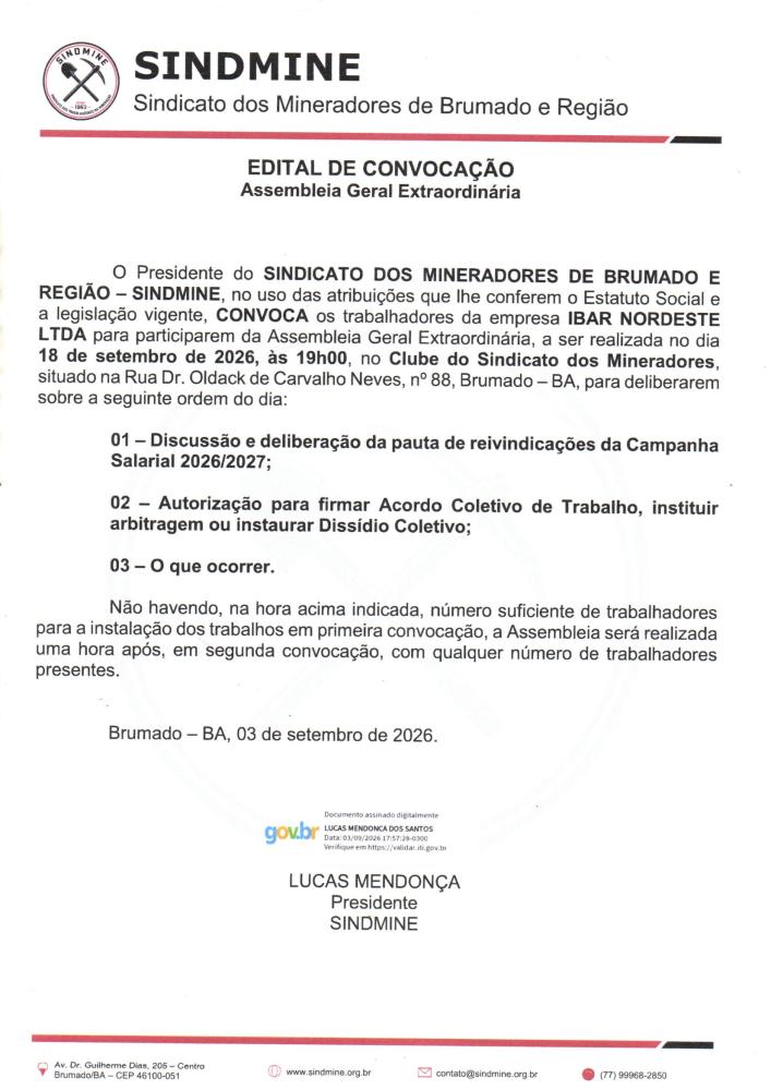 Edital de Convocação - Assembléia Geral Extraordinária - Ibar Nordeste LTDA