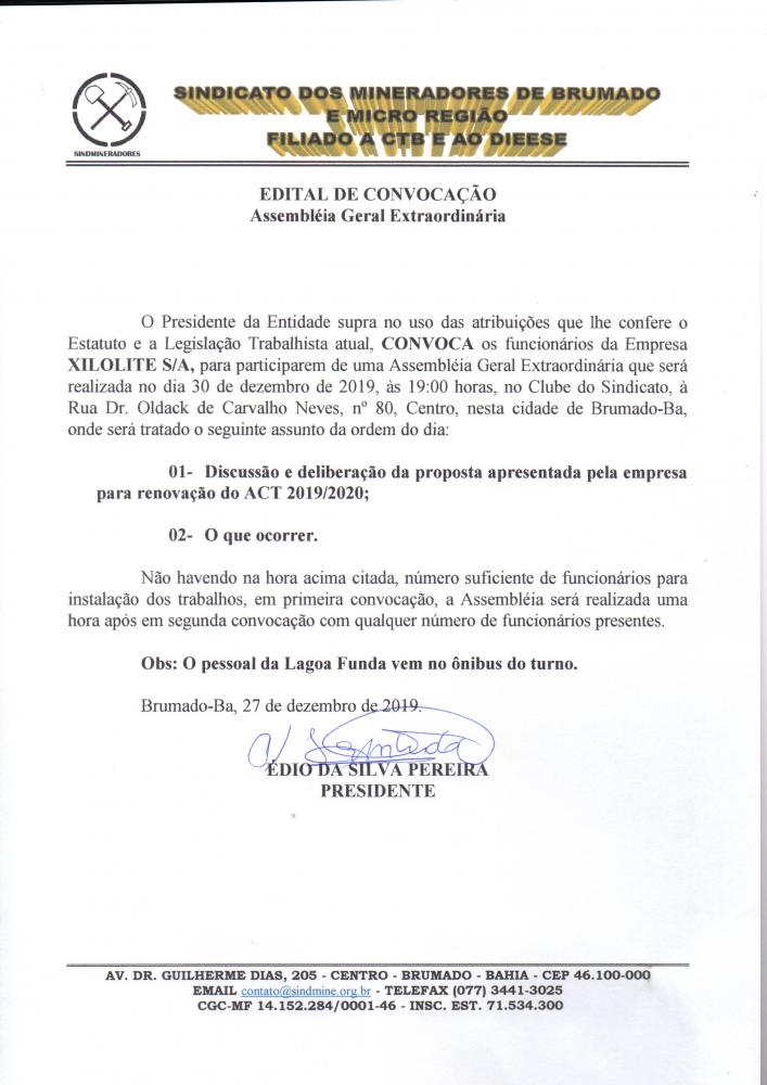 Edital de Convocação - Assembléia Geral Extraordinária - Xilolite S/A