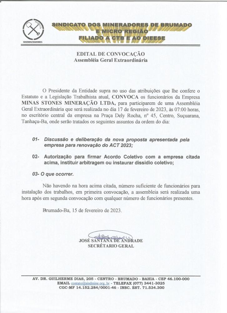 Edital de Convocação - Assembléia Geral Extraordinária - Minas Stones Mineração LTDA	