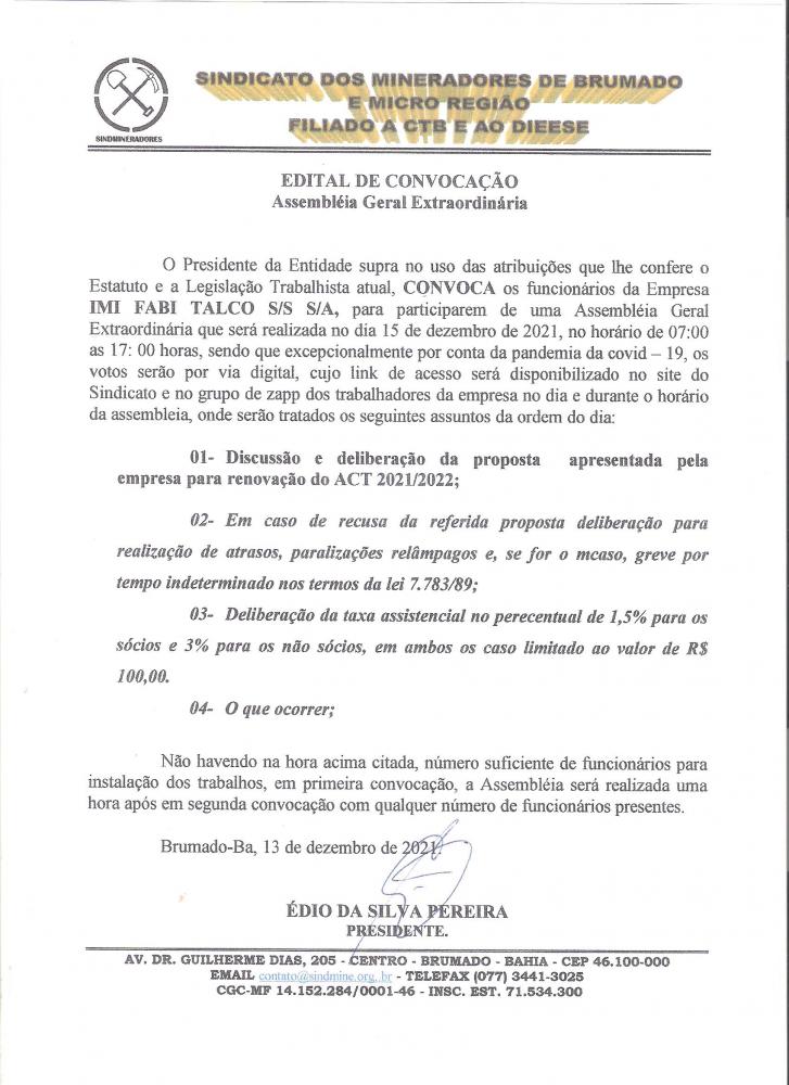 Edital de Convocação - Assembléia Geral Extraordinária - IMI Fabi Talco S/A