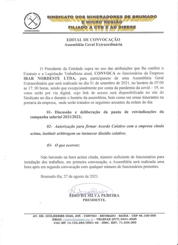 Edital de Convocação - Assembléia Geral Extraordinária - Ibar Nordeste LTDA