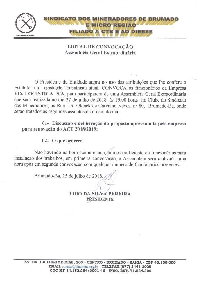 Edital de Convocação - Assembléia Geral Extraordinária - Vix Logística S/A