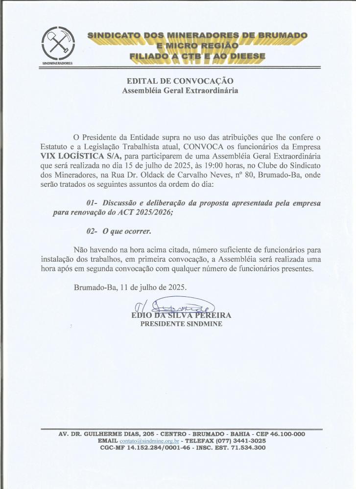Edital de Convocação - Assembléia Geral Extraordinária - Vix Logística S/A