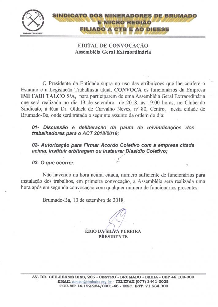 Edital de Convocação - Assembléia Geral Extraordinária - IMI Fabi Talco S/A